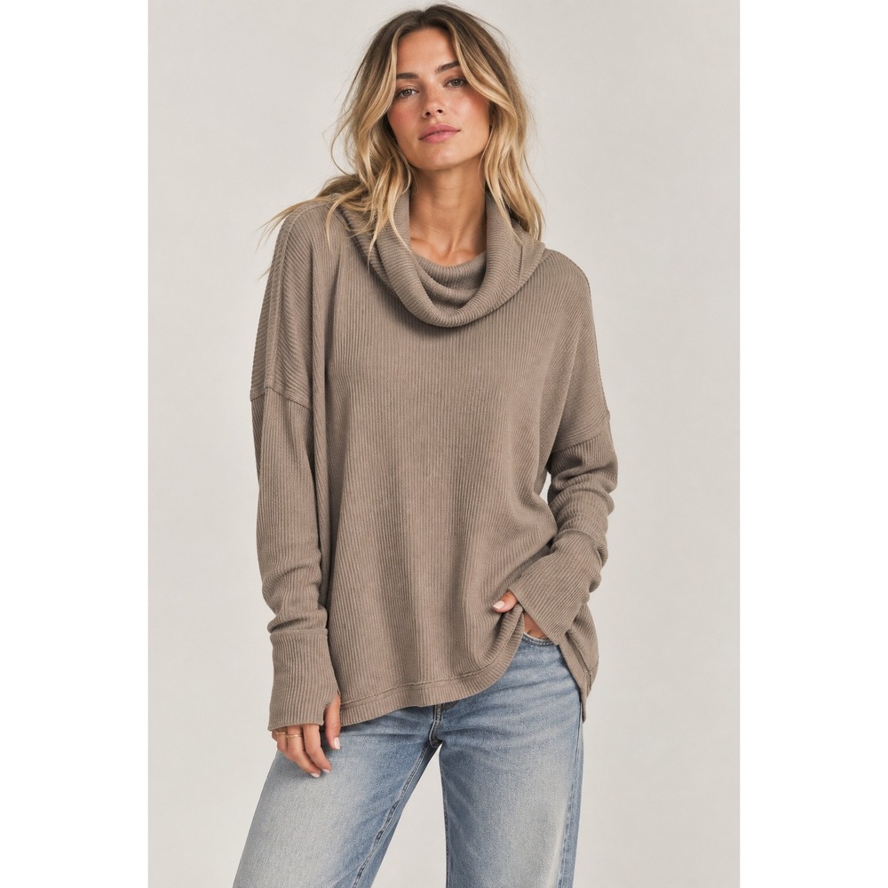 We The Free Free People Womens Sweater Cowl Neck Ribbed Knit Taupe Small Boho